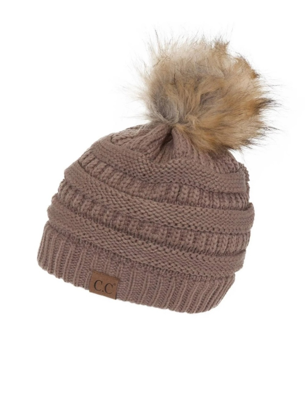 C.C Taupe Pom-Pom Cable Knit Beanie